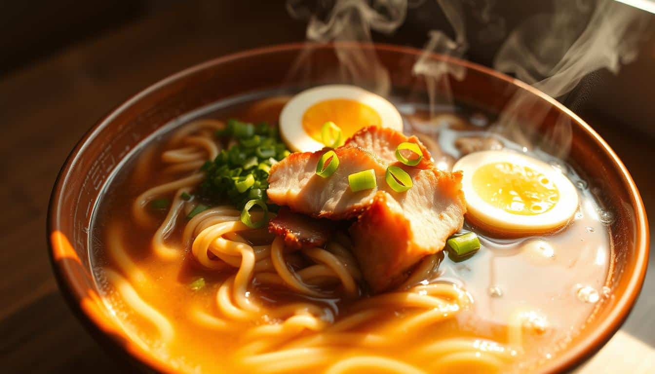 Savory Japanese Ramen Noodles with Meat, Eggs & Veggies