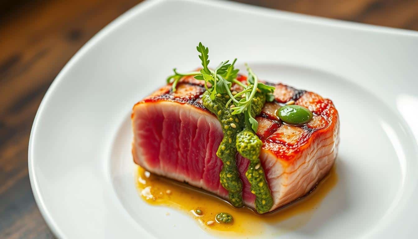 Ahi Tuna Recipe: How to Perfectly Sear Tuna Imagine the thrill of transforming fresh ahi tuna into a gourmet masterpiece right in your kitchen. This guide will walk you through the simple steps to achieve a perfectly seared tuna that rivals any restaurant dish. Whether you're a cooking novice or an experienced chef, you'll learn how to elevate your culinary skills with this easy-to-follow recipe. Quality ingredients and precise timing are key to unlocking the full flavor and texture of your tuna. With just a few minutes of cooking time, you can create a dish that's both healthy and delicious. Plus, discover how the right sauce can take your meal from ordinary to extraordinary. Stay safe and confident in the kitchen with our FDA-recommended guidelines for cooking tuna. Learn how to prepare a fresh, vibrant salsa with just eight ingredients and explore the versatility of your dish, whether as a salad or a main course. Ready to get started? This recipe serves two and is ready in under 15 minutes. For more tips on achieving that perfect crisp, check out our guide on making a simple and crispy fish fry. Key Takeaways Transform fresh ahi tuna into a gourmet dish with simple steps. Quality ingredients and precise timing ensure optimal flavor and texture. The right sauce can elevate your dish to restaurant quality. Follow FDA guidelines for safe and delicious cooking. Prepare a fresh, vibrant salsa with just eight ingredients. Getting Started: Preparing Your Ingredients Starting your culinary journey begins with selecting the freshest ingredients. For this dish, you’ll need 1 lb. of sushi-grade tuna, ensuring it’s sashimi-quality for the best results. Pair this with seasonal produce like sliced zucchini for a refreshing crunch. Exploring Fresh Ahi Tuna and Essential Produce Dice the tuna into ¾-inch cubes for even marinating. Arrange zucchini slices attractively for a vibrant presentation, perfect for a rice bowl or a bed of greens. Gathering Sauces, Zest, and Garnishes Enhance your dish with WATCHAREE’S Pad Thai Sauce, adding it gradually to taste. Garnish with lime zest, sesame seeds, and consider adding mango or avocado for extra flavor and texture. Ingredient Quantity Preparation Sushi-grade tuna 1 lb. Diced into ¾-inch cubes Zucchini 1 medium Thinly sliced WATCHAREE’S Pad Thai Sauce 2-3 tbsp. Added gradually Lime zest 1 tsp. Sprinkled as garnish Sesame seeds ½ tsp. Black and white, for garnish Avocado 1 Diced (optional) For allergen-conscious choices, opt for gluten-free soy sauce. Store any leftovers in an airtight container for up to 2 days. Explore more recipes like ahi tuna sashimi or chicken in tomato sauce for varied meals. Selecting the Perfect Ahi Tuna and Other Essentials Choosing the right ingredients is the first step to creating a truly delicious dish. When it comes to ahi tuna, understanding what makes it top quality is crucial. Freshness, color, and texture all play significant roles in ensuring your dish turns out flavorful and visually appealing. Understanding Ingredient Quality and Allergen Information Ahi tuna is graded based on appearance, size, shape, color, texture, and fat content. Grade 1 ahi tuna is the highest quality, with deep red, almost translucent flesh rich in flavorful fat. It's essential to select sushi-grade tuna, as it's safe for raw consumption. Always check the packaging for allergen information and nutrition facts to ensure your dish is safe and healthy. Fresh ahi tuna should have a bright, ruby-red color with a shiny sheen. Avoid tuna with a dull, brown appearance, as it may indicate decomposition. The FDA allows the use of carbon monoxide to preserve the color of fresh tuna, so look for proper labeling. Bright red tuna sold far from the ocean might have been frozen or treated with gas, which can affect its freshness. Impact of Fresh vs. Frozen Tuna Fresh tuna offers superior flavor and texture compared to previously frozen tuna. However, if fresh isn't available, frozen tuna can still be used, though it may lack some of the vibrant color and freshness. Always consult your fishmonger to ensure you're getting the best possible quality, whether fresh or frozen. Industry Standards and Quality Checks Industry standards, like those from Home Chef, emphasize the importance of sourcing premium fish. When selecting tuna, consider factors like sourcing transparency and quality checks. If necessary, substitute ingredients, but always maintain high standards. For inspiration, explore recipes like ahi tuna sushi roll or sausage and rice for varied meal ideas. Incorporating Essential Elements Enhance your dish with sauces like WATCHAREE’S Pad Thai Sauce, adding it gradually for balanced flavor. Garnish with lime zest and sesame seeds for a vibrant presentation. Consider adding mango or avocado for extra texture and flavor. These elements will elevate your dish's appearance and taste, making it a delightful experience for your guests. By focusing on quality ingredients and thoughtful preparation, you can create a dish that's both nutritious and flavorful. Whether you're preparing a simple meal or an elaborate feast, the right ingredients and a little creativity will make all the difference. Perfect Your Technique with Ahi tuna recipe -sear Mastering the art of searing ahi tuna can elevate your dish from ordinary to extraordinary. Follow these simple steps to achieve a perfectly seared crust while maintaining a tender interior. Step-by-Step Searing Process Begin by patting the tuna dry with a paper towel to remove excess moisture. Lightly season with salt and pepper. Heat a nonstick pan over medium-high heat and add a drizzle of olive oil. Sear the tuna for 1-2 minutes per side for medium-rare, ensuring a well-developed crust. Cooking Times and Safety Tips Cook the tuna to an FDA-recommended internal temperature of 145°F for food safety. Use a meat thermometer to check the internal temperature. For medium-rare, cook for 1-2 minutes per side. Always handle the tuna gently to avoid breaking the delicate flesh. Innovative Saucing and Presentation Add a flavorful twist with WATCHAREE’S Pad Thai Sauce. Serve the seared tuna over a bed of rice or mixed greens for a vibrant presentation. Garnish with sesame seeds and a sprinkle of lime zest for added texture and color. Consider adding diced avocado or mango for extra creaminess and flavor. Experiment with different sauces and garnishes to create a dish that reflects your personal style. Whether you prefer a classic approach or a modern twist, the key to a great sear is attention to detail and a focus on quality ingredients. Conclusion Experimenting with fresh flavors and techniques can turn your ahi tuna dish into a culinary masterpiece. Remember, the key to a perfect sear lies in quality ingredients and precise timing. Always prioritize food safety by cooking your tuna to the FDA-recommended internal temperature of 145°F. This ensures both flavor and safety. Don’t forget to let your creativity shine by adding vibrant garnishes like lime zest and sesame seeds for a stunning presentation. For more meal ideas, consider trying a refreshing tuna salad or exploring other proteins like braised chicken. Share your creations and enjoy the journey of culinary discovery! FAQ What are the best ingredients to use for an ahi tuna bowl? For an ahi tuna bowl, fresh, sushi-grade tuna is essential. Pair it with short-grain rice, diced avocado, and toasted sesame seeds for added flavor and texture. Don’t forget to drizzle with a high-quality soy sauce or ponzu for a burst of umami. Can I substitute chicken for tuna in this recipe? While chicken can be a great protein option, it won’t replicate the delicate flavor and texture of ahi tuna. However, if you prefer chicken, marinate it in soy sauce, ginger, and garlic for a similar flavor profile before grilling or pan-searing. How do I save time when preparing this dish? Prep your ingredients ahead of time! Cook the rice, slice the avocado, and toast the sesame seeds in advance. Store them in airtight containers until you’re ready to assemble the bowls. Can I meal prep this recipe for the week? Yes! Cook the rice and store it in the fridge for up to 3 days. Slice the tuna just before serving to maintain freshness. The sesame seeds and sauces can also be prepped and stored separately to keep everything fresh. How do I ensure the tuna is safe to eat? Always purchase sushi-grade tuna from a trusted source. Store it in the refrigerator at a temperature below 40°F (4°C) and consume it within a day of purchase for the best quality and safety. What’s the best way to customize this bowl to my taste? Feel free to get creative! Add diced veggies like carrots or cucumbers, a sprinkle of furikake, or a drizzle of sriracha mayo. You can also serve it over a bed of mixed greens for a lower-carb option. Can I use jarred sauces instead of making my own? Absolutely! Jarred ponzu or teriyaki sauce can save time and still deliver great flavor. Look for brands with minimal added sugars and preservatives for a healthier option. How do I achieve the perfect sear on the tuna? Pat the tuna dry with a paper towel to remove excess moisture. Heat a skillet over medium-high heat, add a small amount of oil, and sear the tuna for 1-2 minutes on each side for a rare finish. Let it rest before slicing. Can I serve this dish at a dinner party? This ahi tuna bowl is perfect for entertaining! It’s elegant, flavorful, and can be easily scaled up for a crowd. Consider setting up a build-your-own bar with all the fixings for a fun and interactive experience. How do I store leftovers properly? Store the tuna, rice, and toppings in separate airtight containers in the fridge. The tuna will keep for up to a day, while the rice and veggies can be stored for up to 3 days. Reassemble just before serving for the freshest taste.