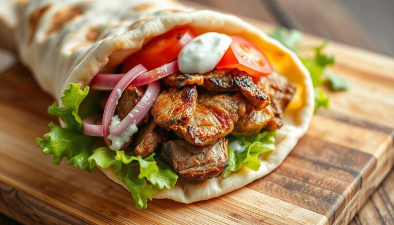 Authentic Greek Gyros: Grilled Meat, Pita Bread, Veggies