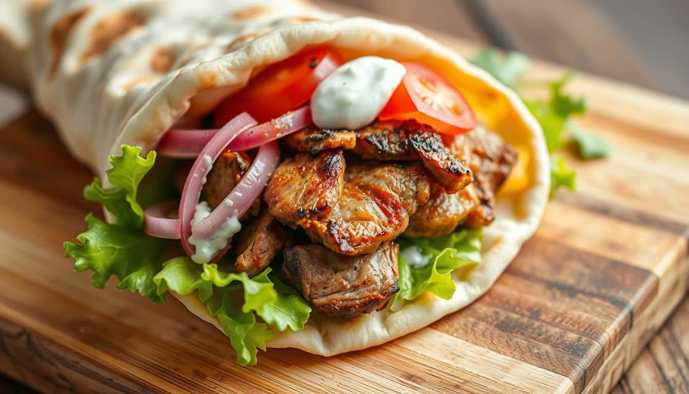 Authentic Greek Gyros: Grilled Meat, Pita Bread, Veggies